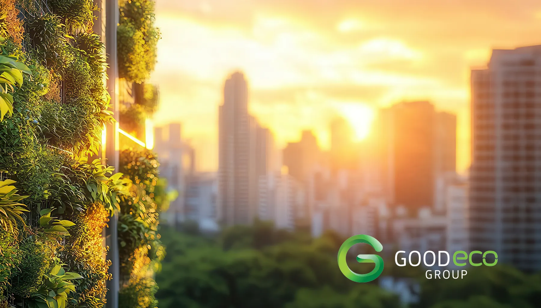 Good Eco Group brand image: a city skyline at sunrise behind a planted green wall