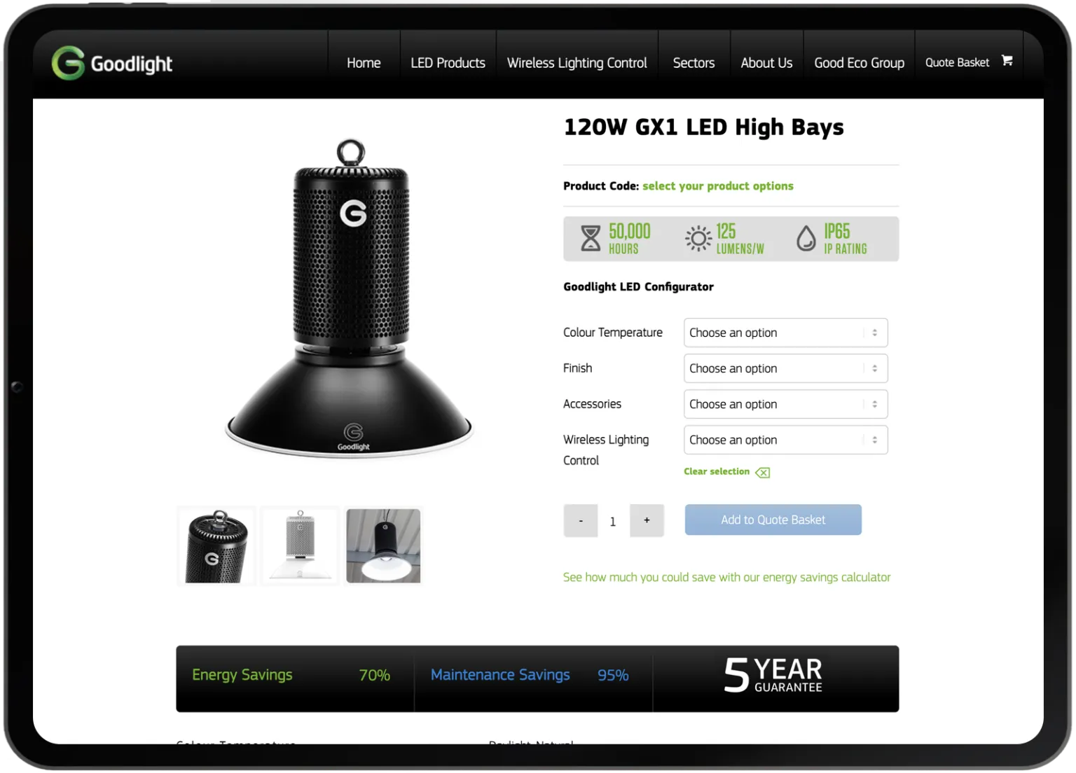 A Goodlight LED high bay product page with a configurator, shown on a tablet