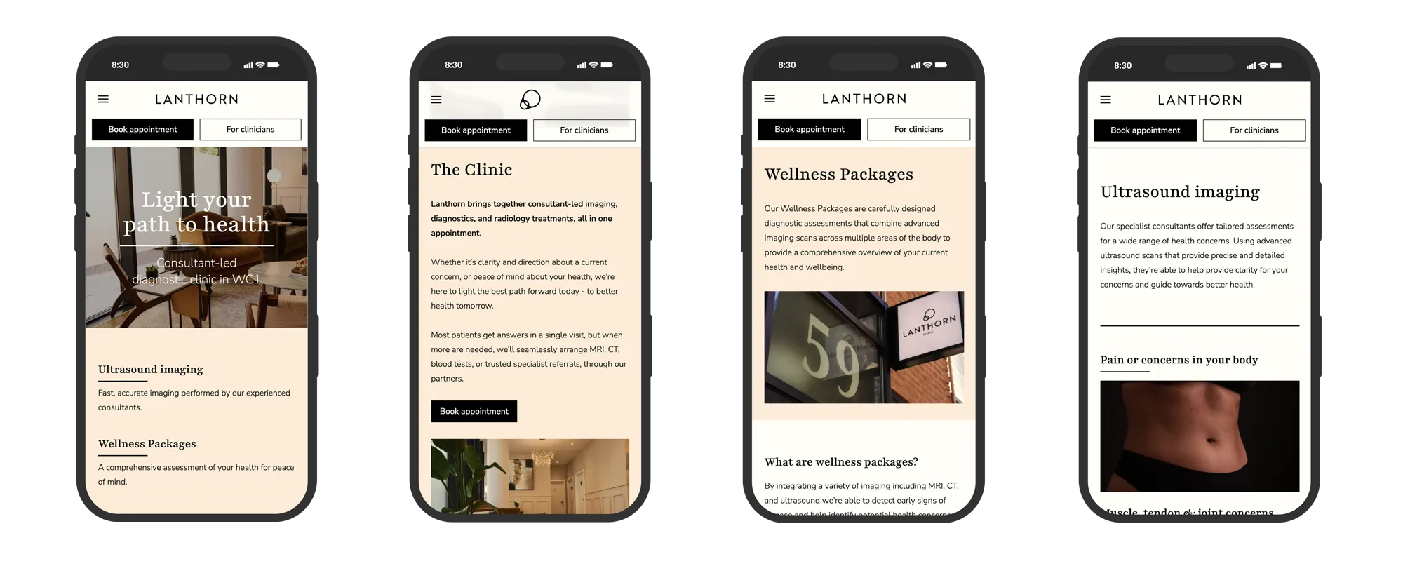 Four pages of the Lanthorn Clinic website shown on phones