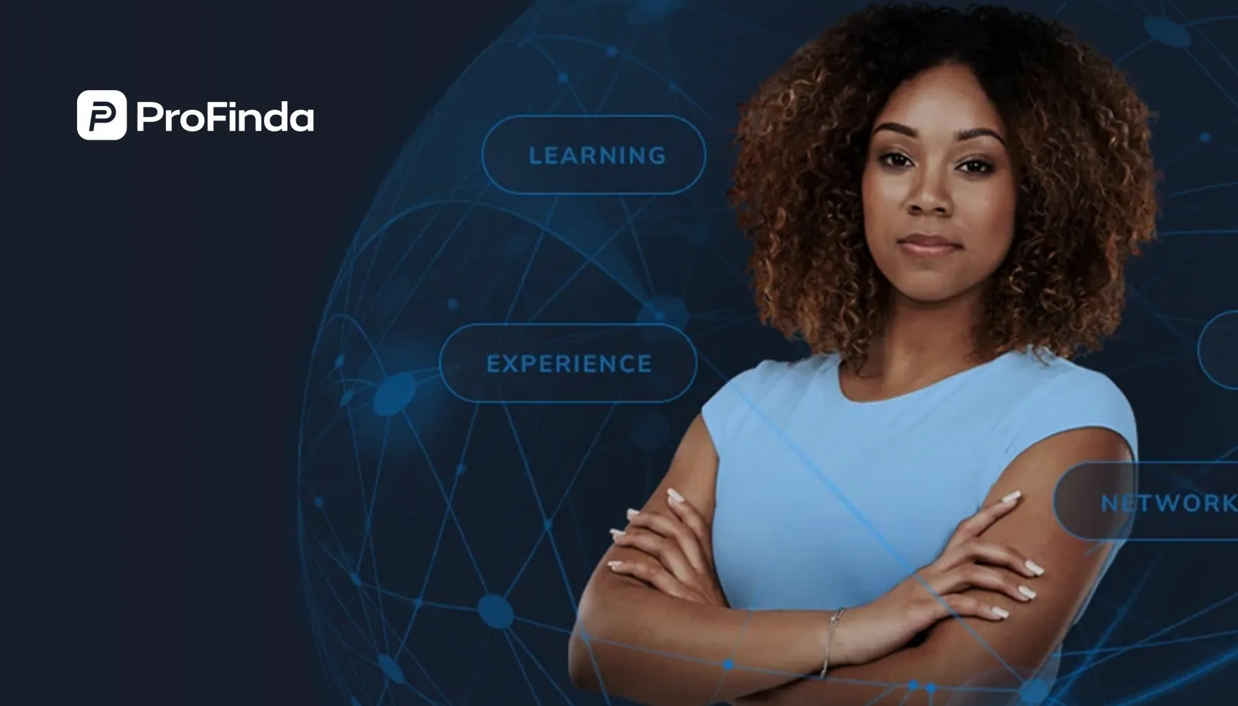 ProFinda brand image: a woman with folded arms against a dark blue network graphic